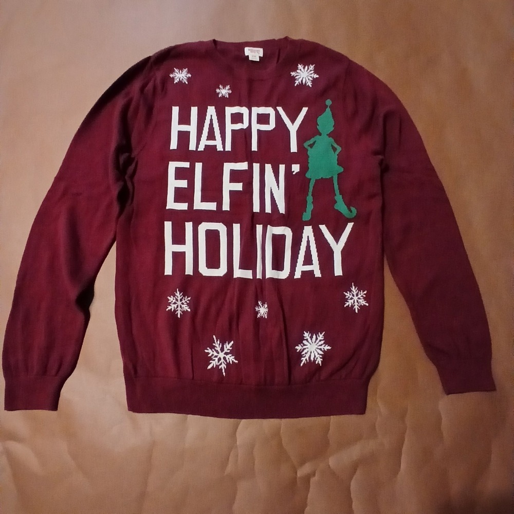 Mossimo Maroon Happy Elfin Holiday Ugly Christmas Sweater Womens Medium Cotton